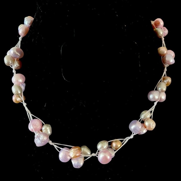 Genuine Baroque Pink Pearl Collar Necklace Cluster Tied Cord Artisan Made 17” - Picture 1 of 5